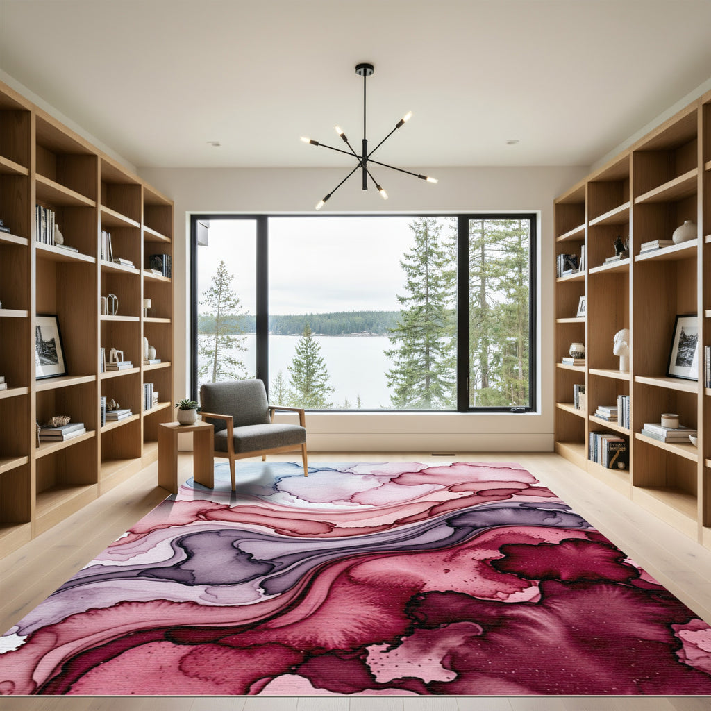 Crimson Plum Swirl Ink Fluid Rug