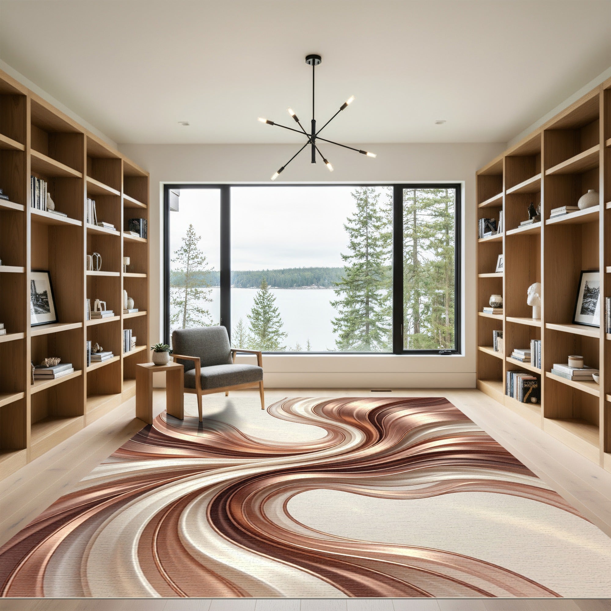 Elegant Copper Cream Swirling Waves Rug