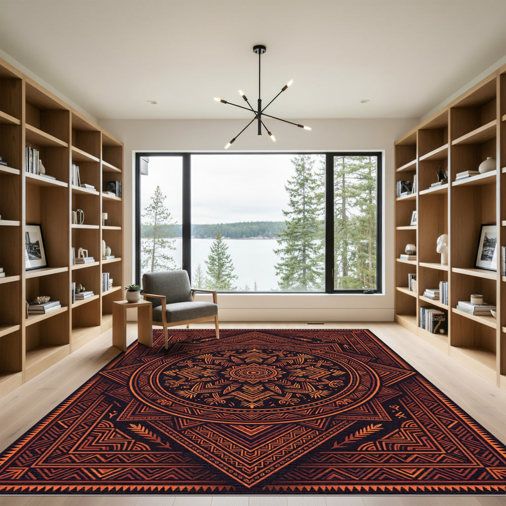 Earthy Orange Geometric Tribal Mandala Rug
