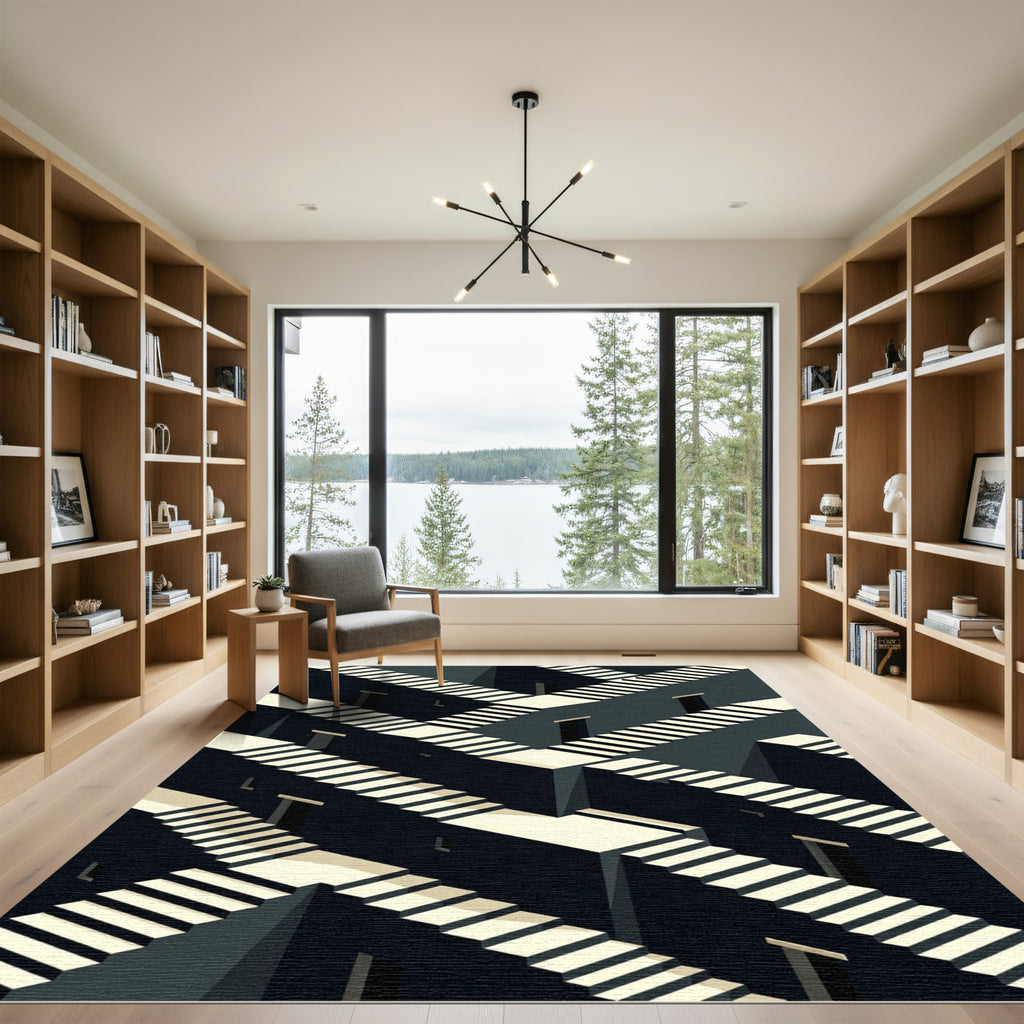 Dark Geometric Impossible Staircase Layout Rug