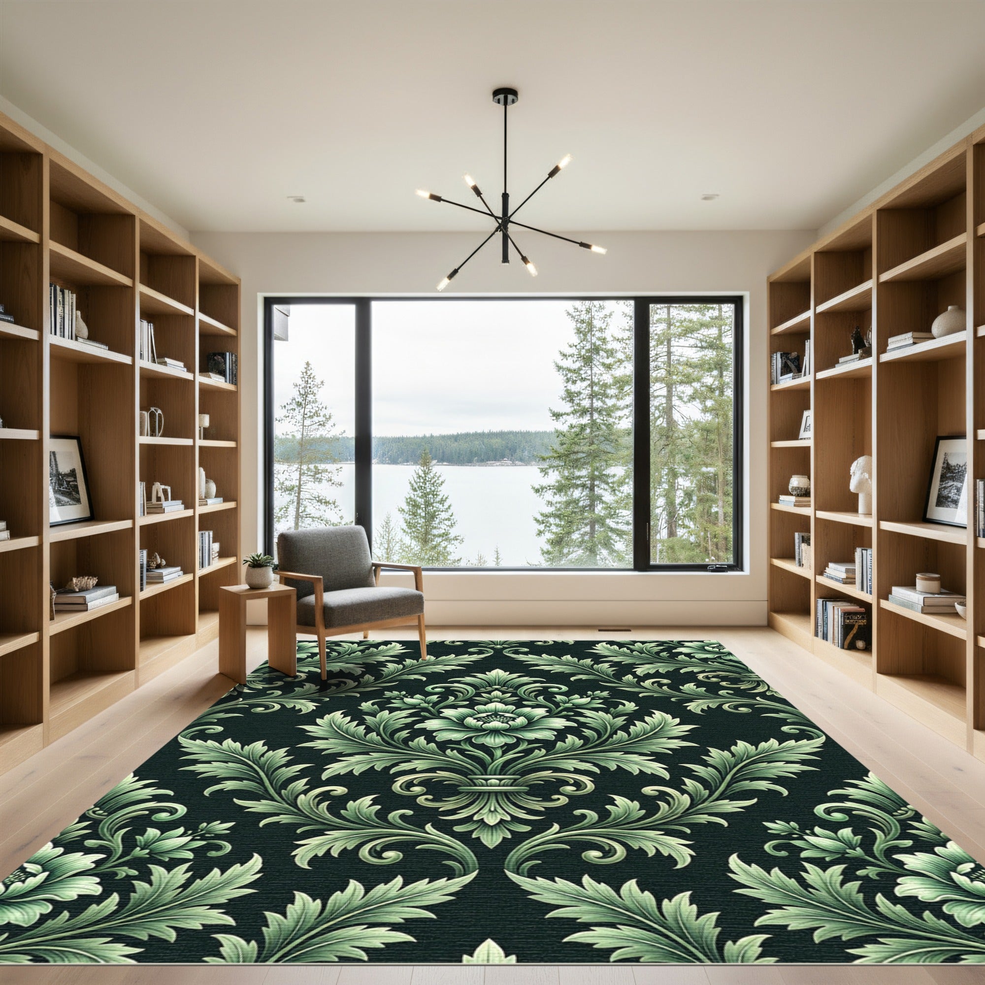 Elegant Sage Botanical Damask Scroll Rug