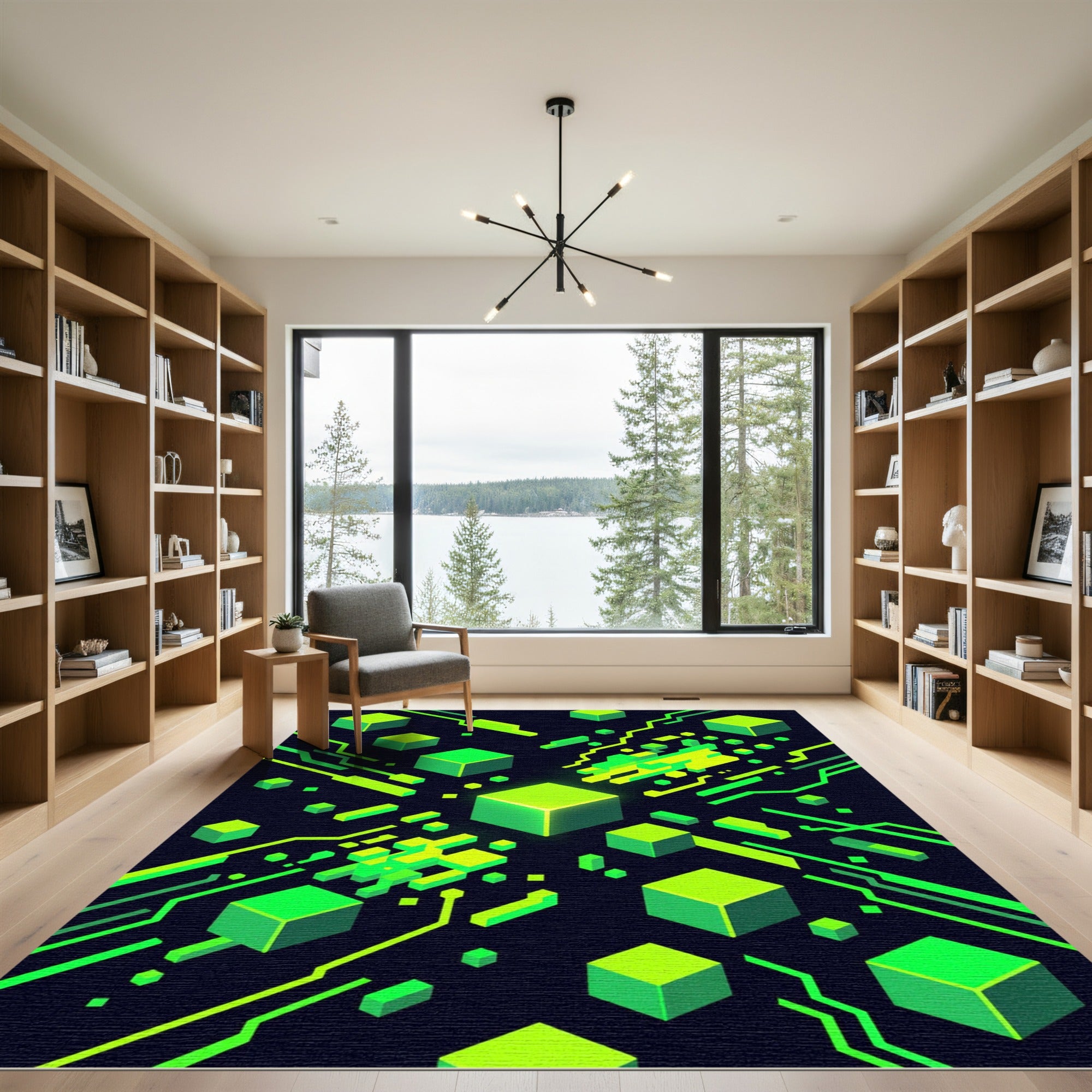 Neon Cyberpunk Isometric Green Data Grid Rug