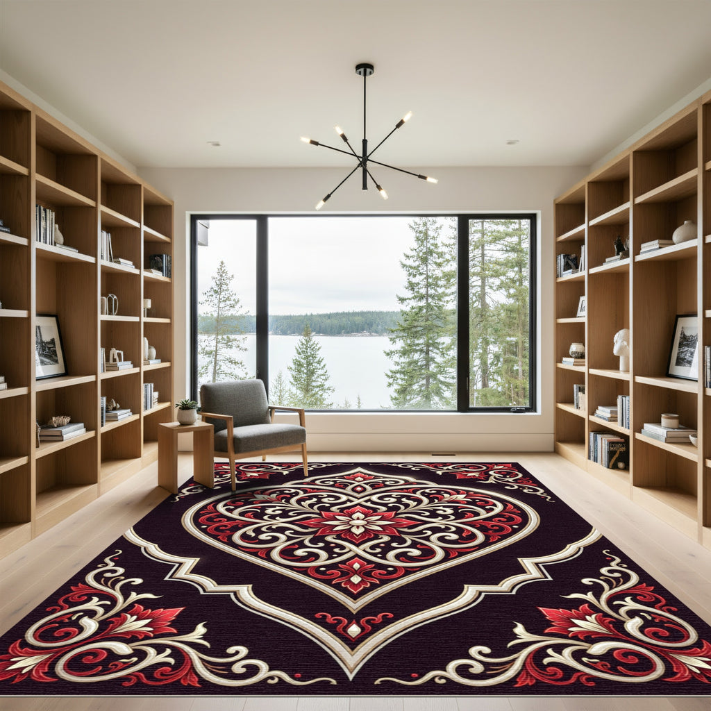 Elegant Crimson Cream Heart Floral Medallion Rug