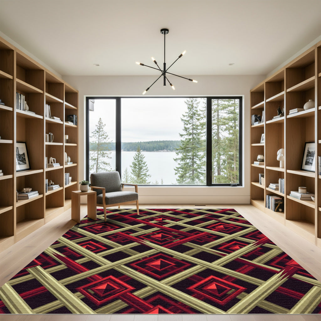 Modern Red and Gold Geometric Lattice Rug