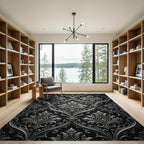 Intricate Silver Black Damask Scroll Rug