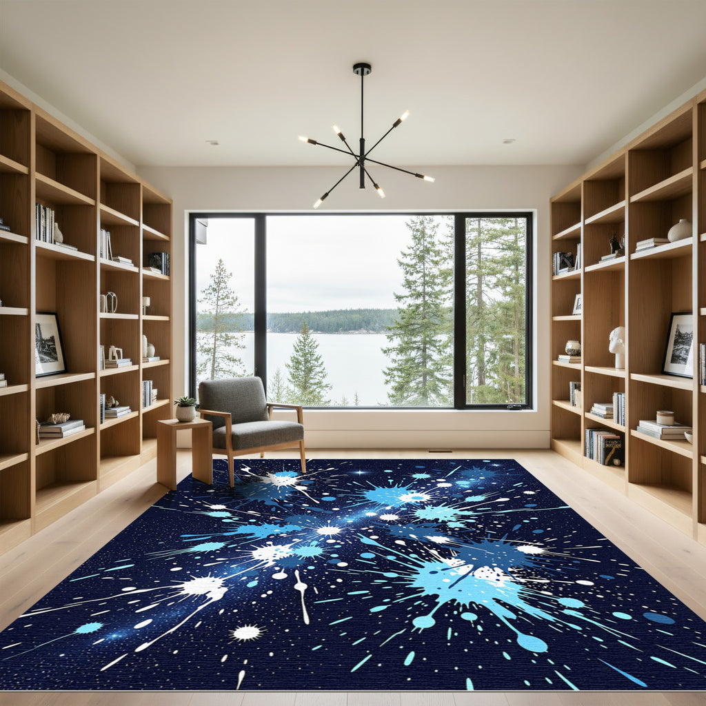 Cosmic Blue Abstract Ink Splatter Rug