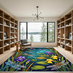 Vibrant Dragonfly and Iris Pond Scene Rug