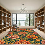 Vibrant Orange Peony Floral Scroll Rug