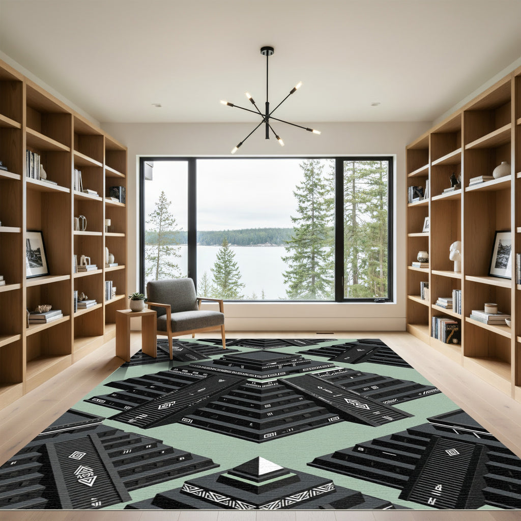 Black Geometric Pyramid Tribal Arrangement Rug