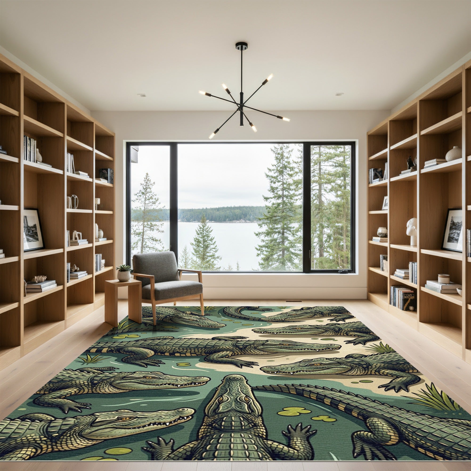Swamp Green Alligator Wildlife Illustration Rug