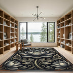 Ornate Monochrome Lotus Floral Illustration Rug