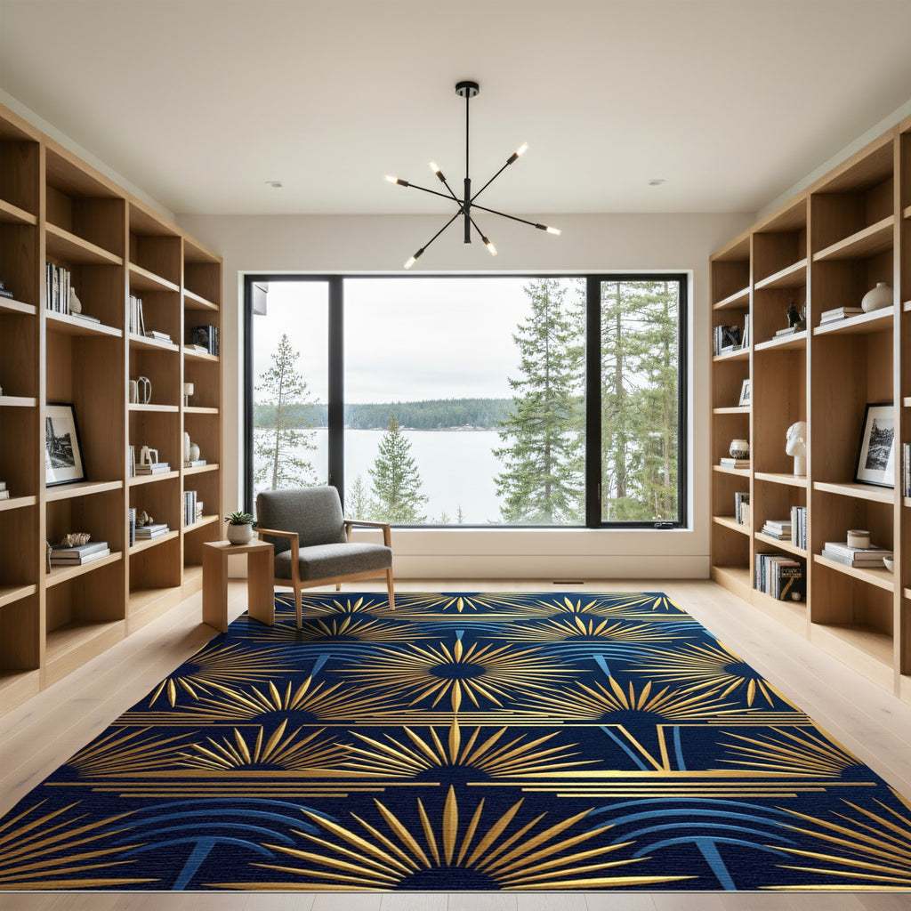 Art Deco Navy Gold Sunburst Rug