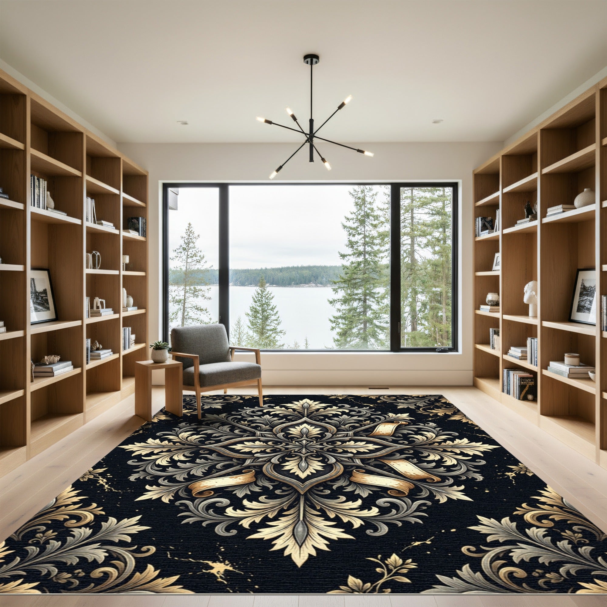 Ornate Gold and Silver Damask Medallion Rug