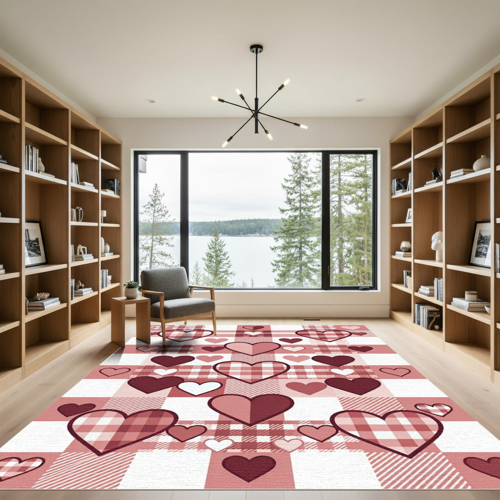 Romantic Pink Plaid Hearts Rug