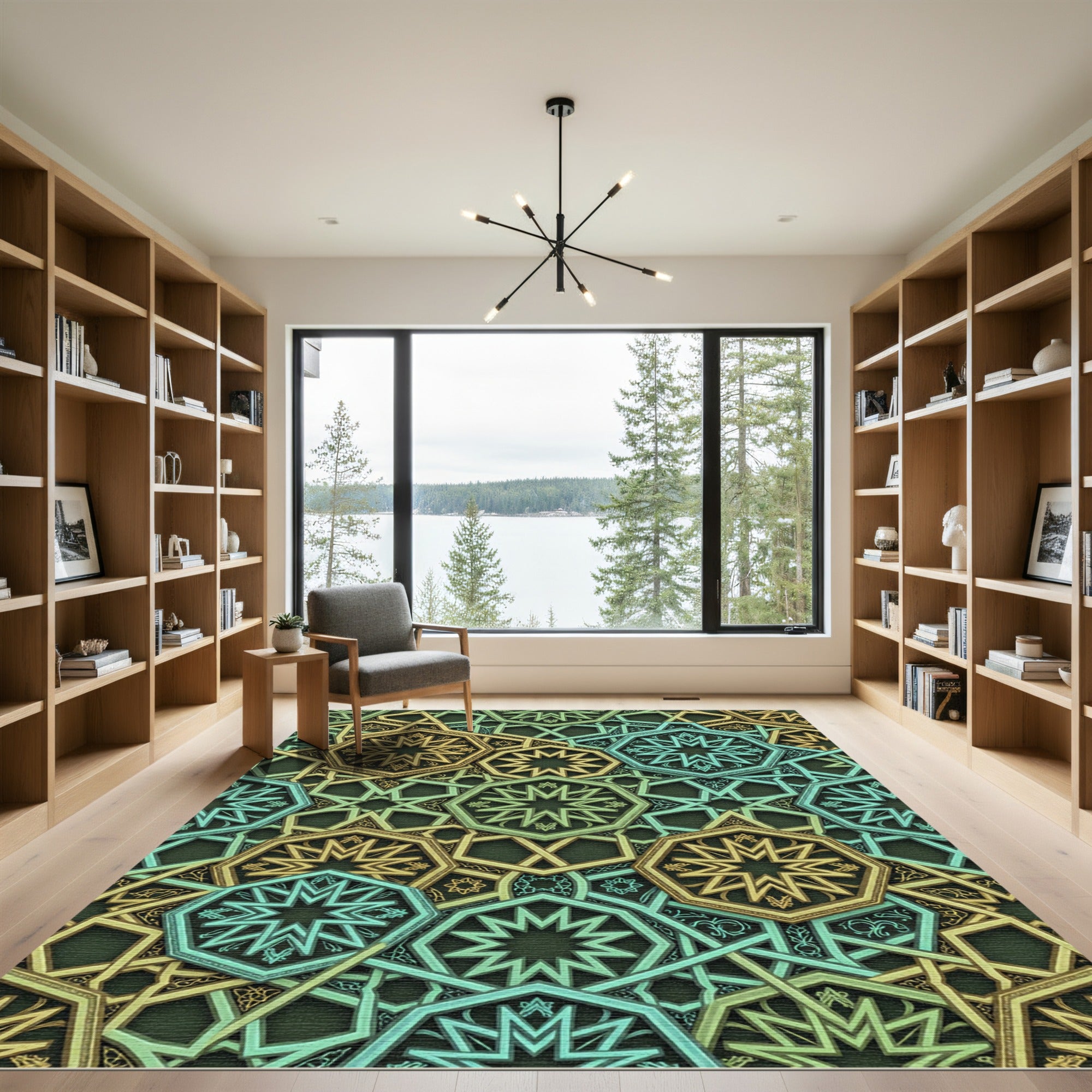 Teal Gold Star Geometric Overlay Rug