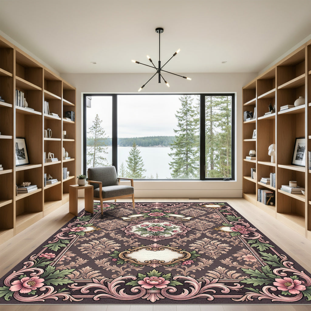 Elegant Pink Peony Scrollwork Frame Rug