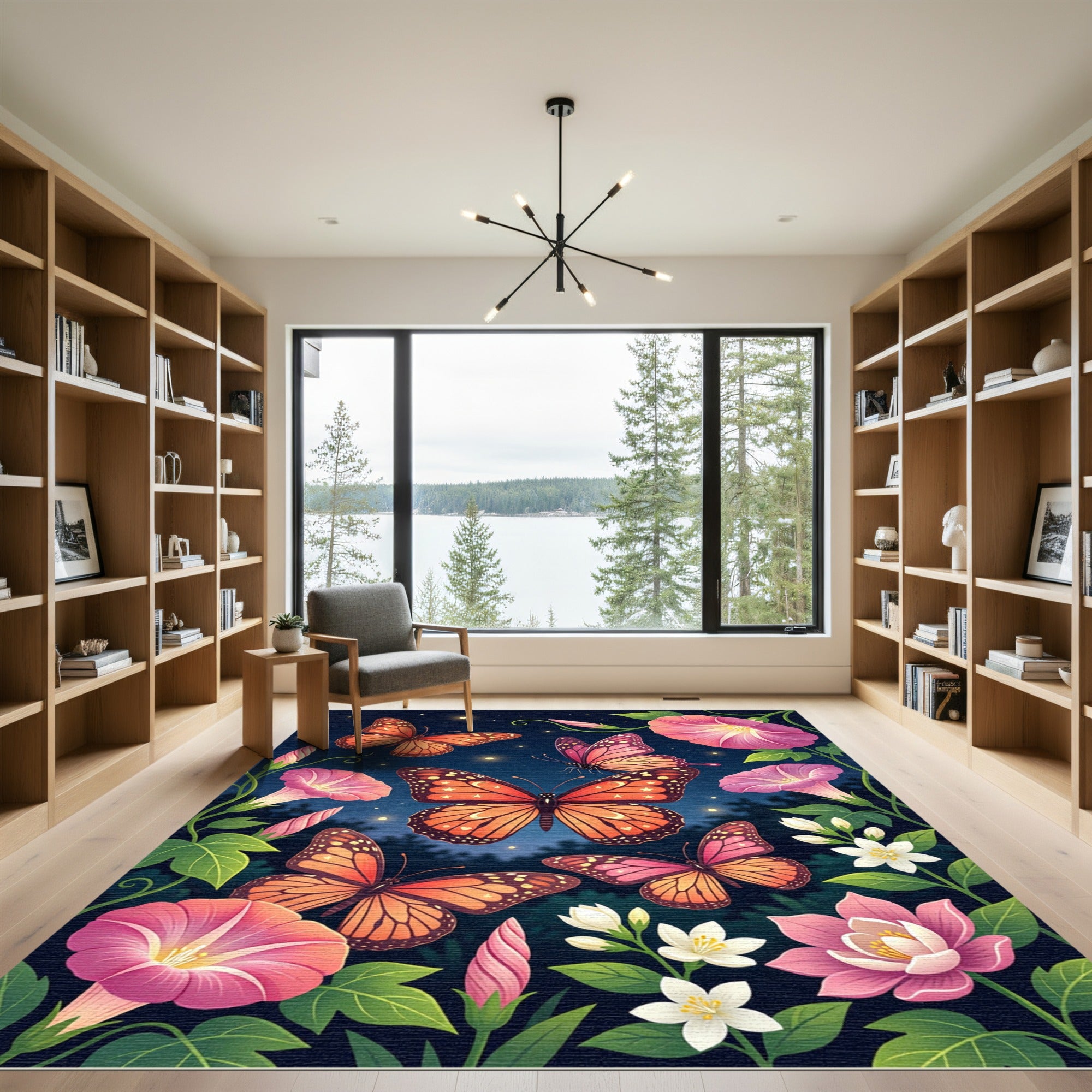Orange Butterfly Garden Night Scene Rug