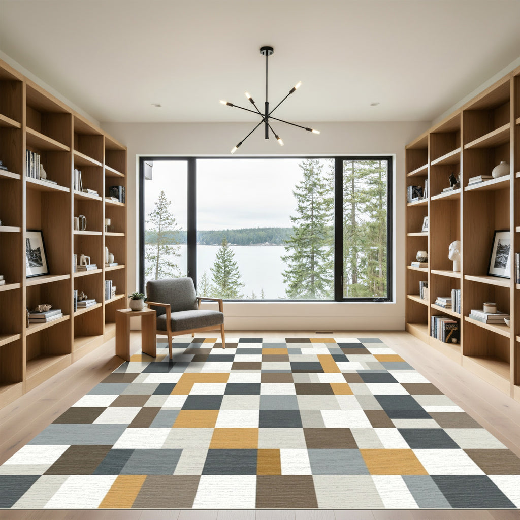 Geometric Ochre Gray White Squares Rug