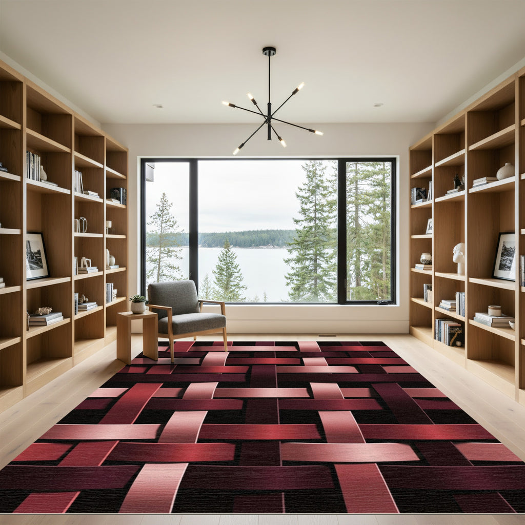 Modern Deep Red Interlocking Woven Texture Rug