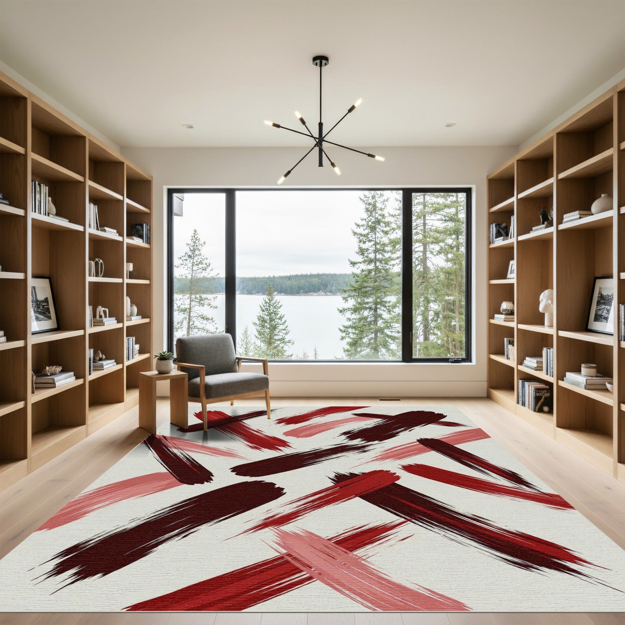 Bold Crimson Brushstroke Abstract Rug