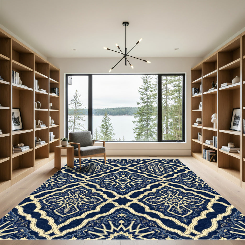 Navy and Cream Ornate Star Tile Rug