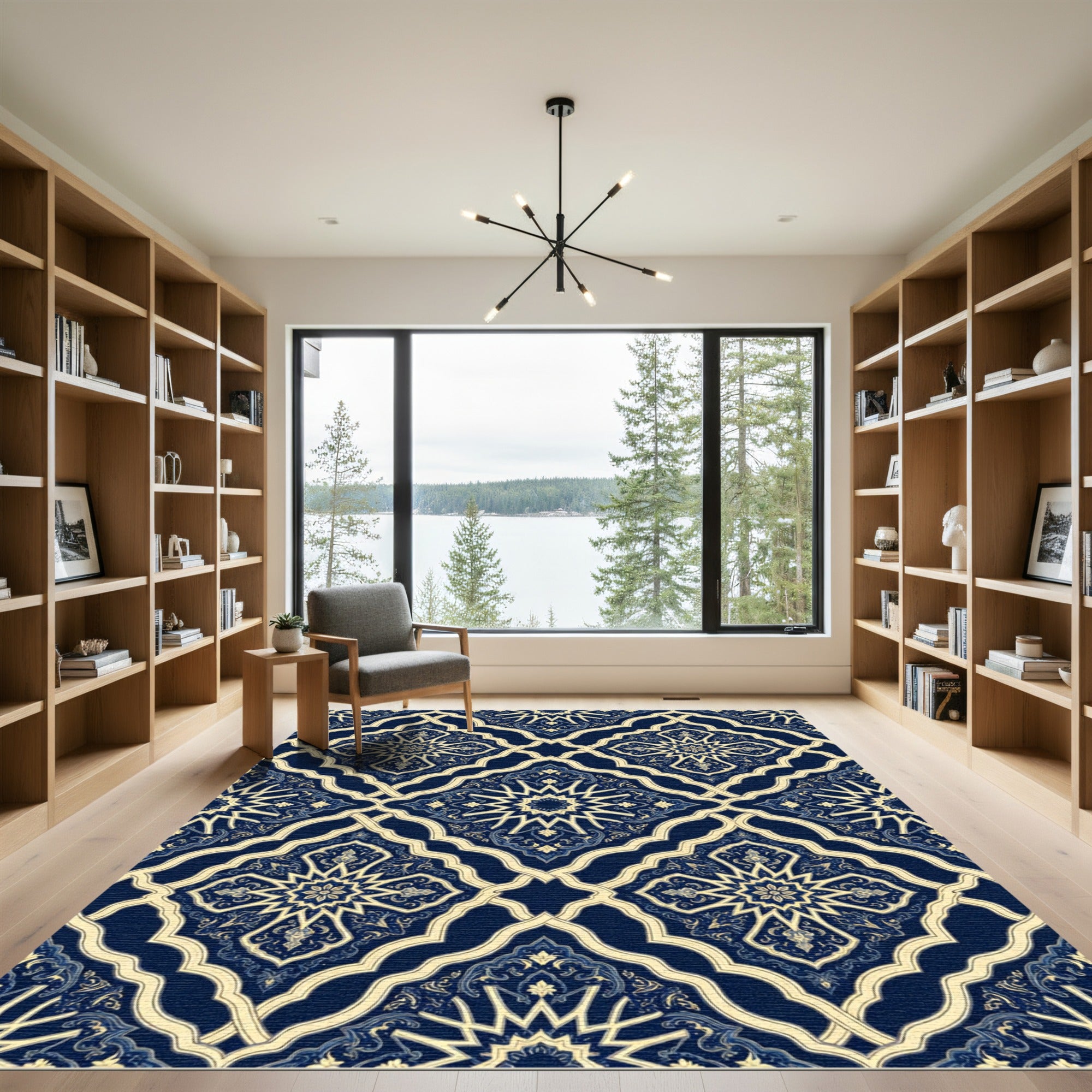 Navy and Cream Ornate Star Tile Rug