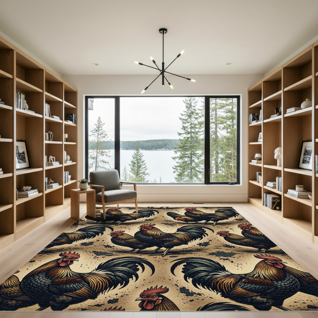 Rustic Farmhouse Rooster Earth Tone Area Rug