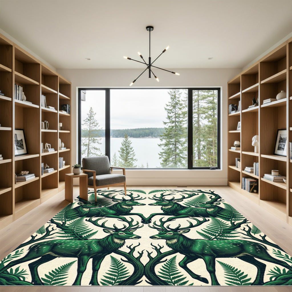 Symmetric Forest Stag Fern Foliage Rug