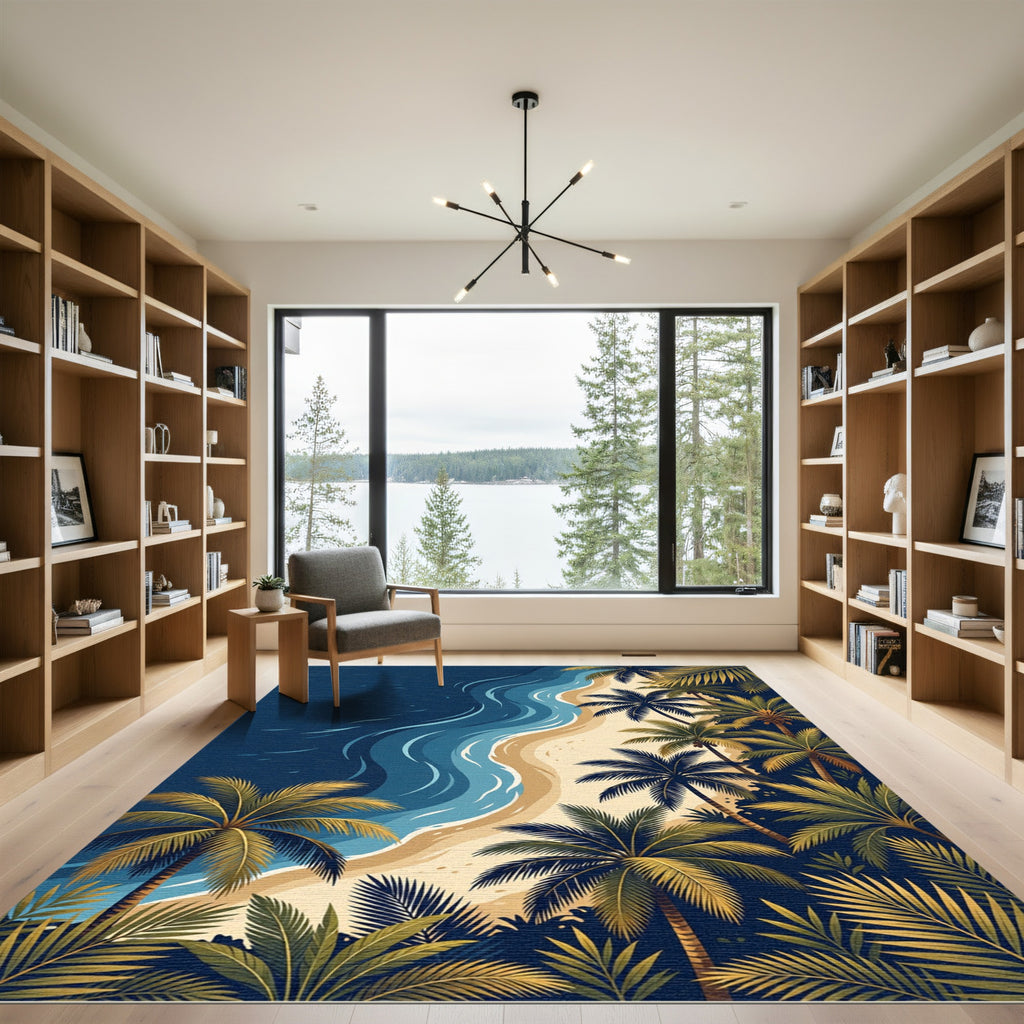 Tropical Blue Palm Coast Shoreline Rug