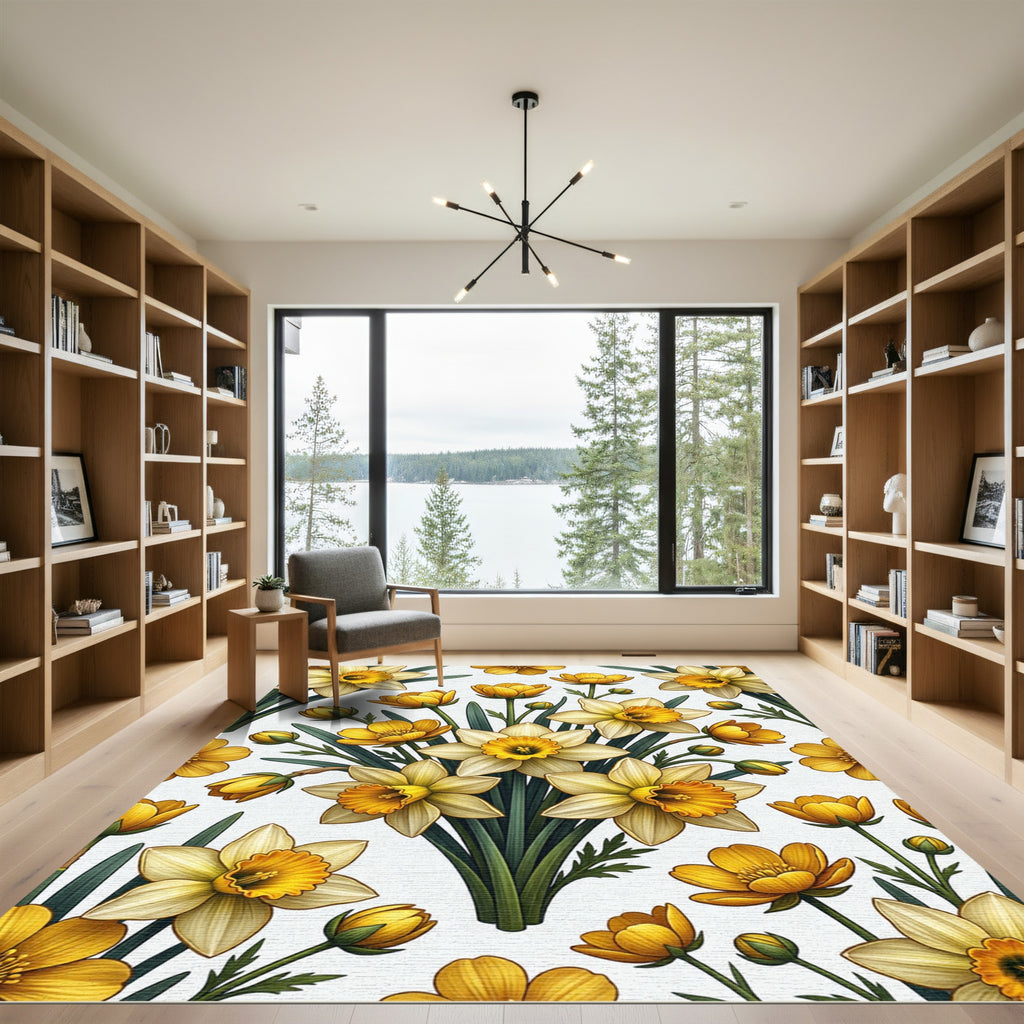 Elegant Golden Daffodil Botanical Illustration Rug