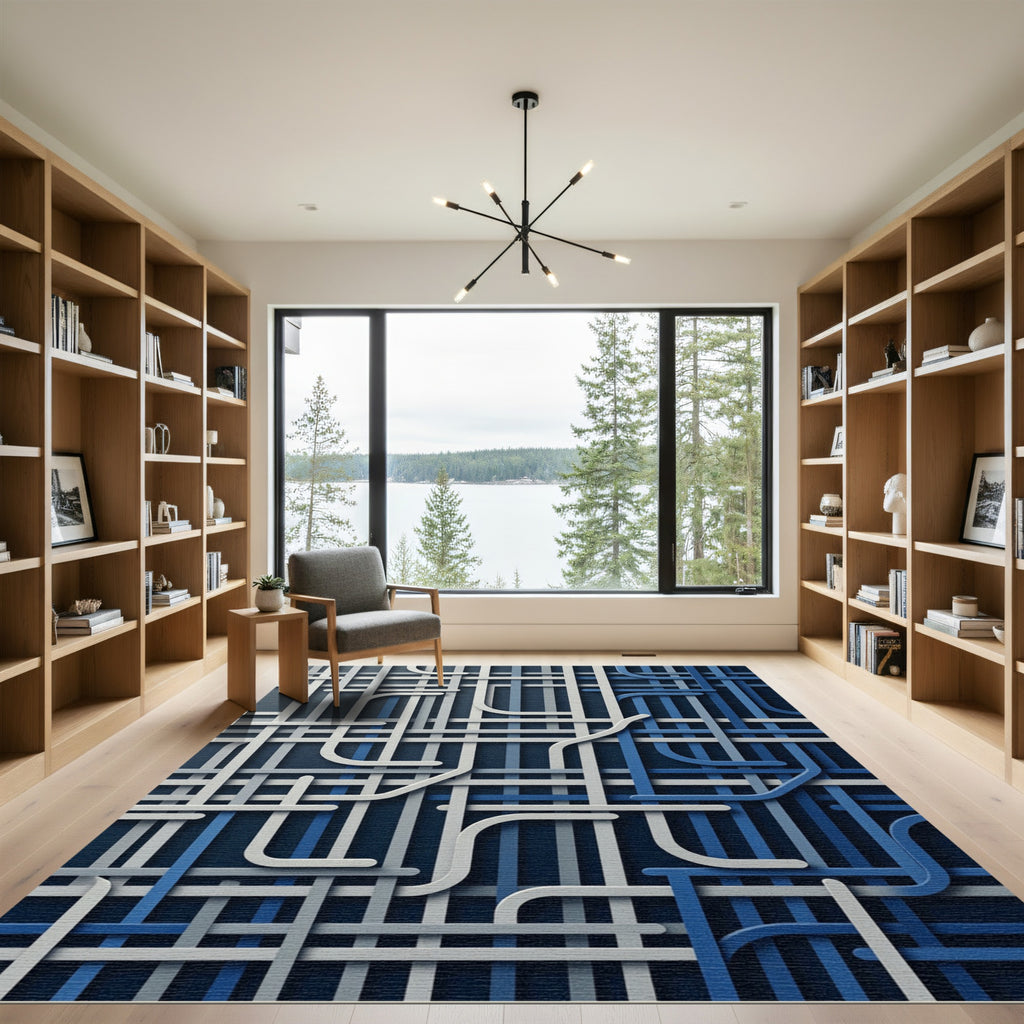 Modern Blue and Gray Geometric Intertwining Lines Rug