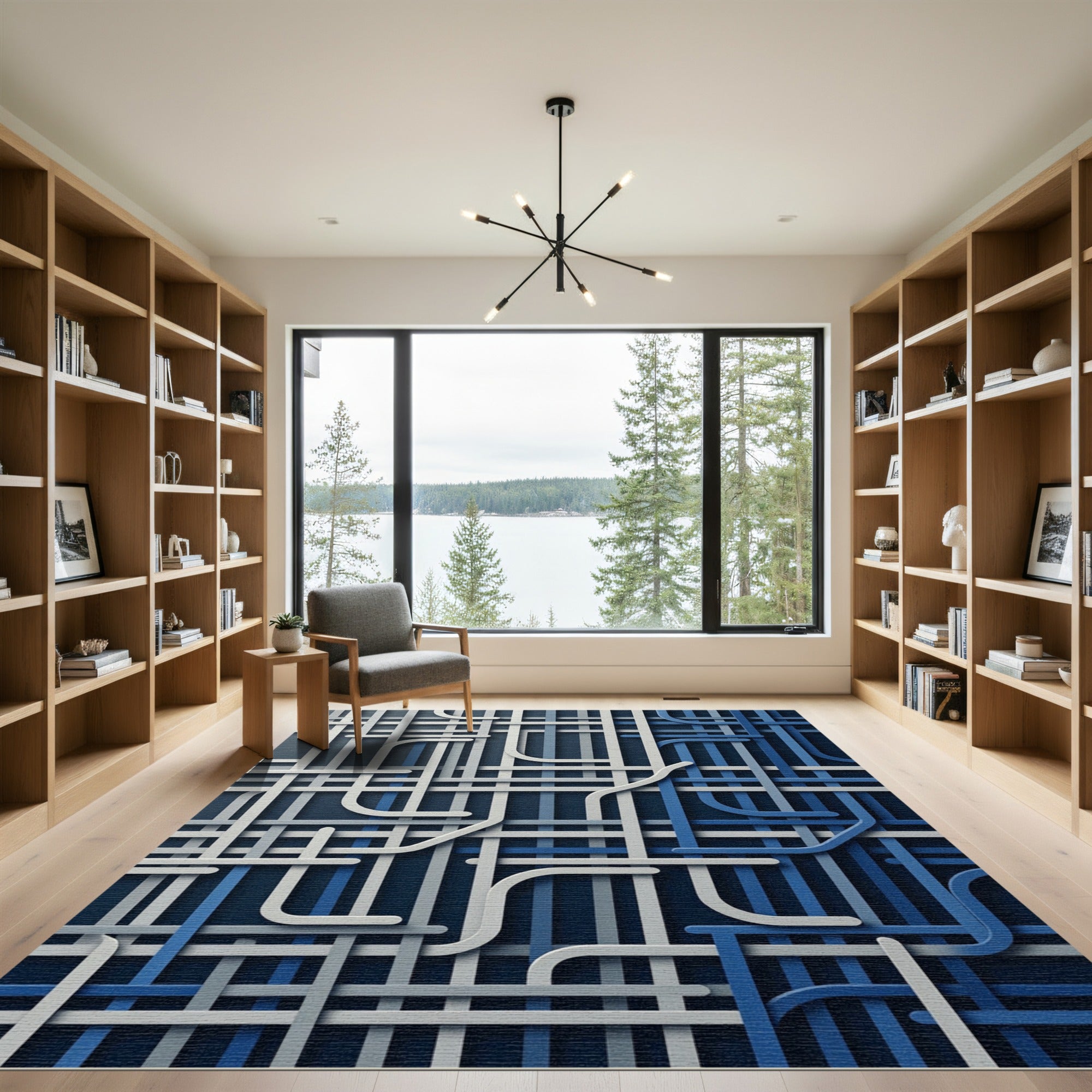 Modern Blue and Gray Geometric Intertwining Lines Rug