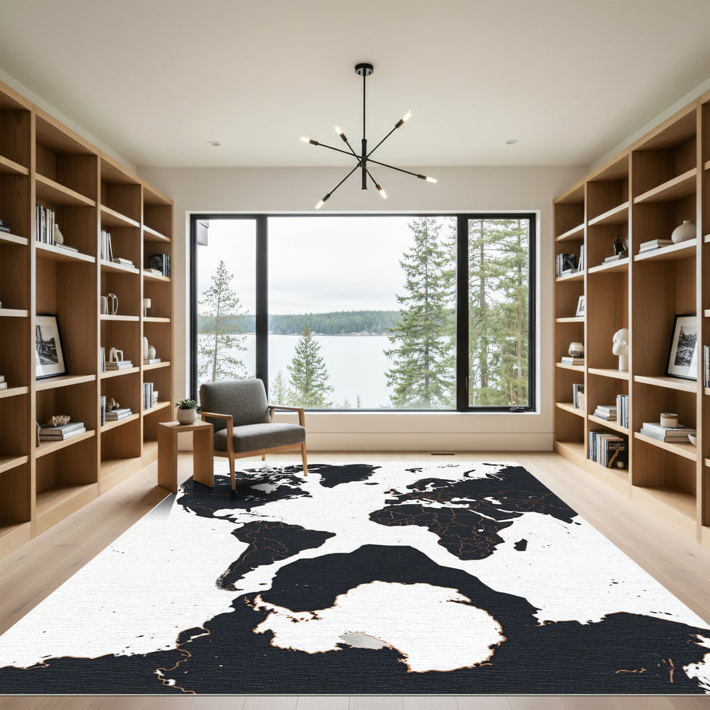 Modern Monochrome World Map Silhouette Rug