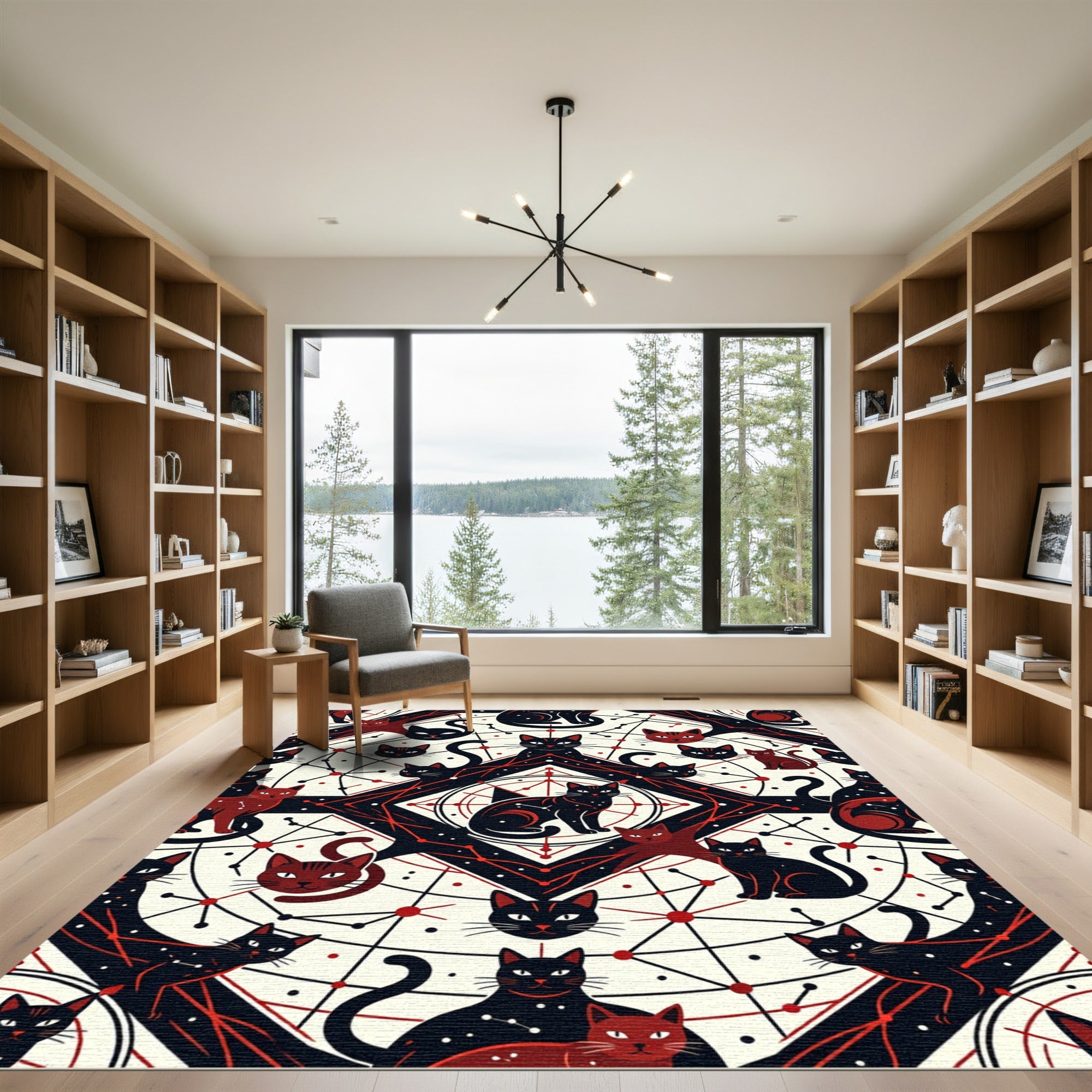 Black Red Celestial Cat Constellation Rug