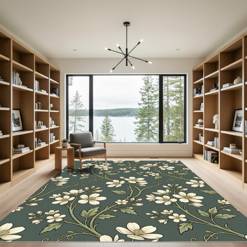 Vintage Olive Floral Botanical Meadow Rug