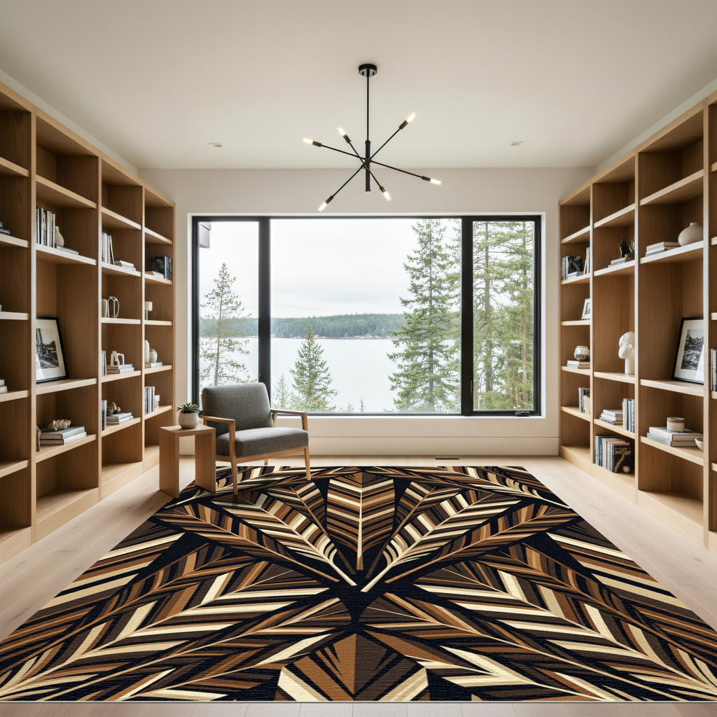 Earthy Brown Feathered Fan Arrangement Rug