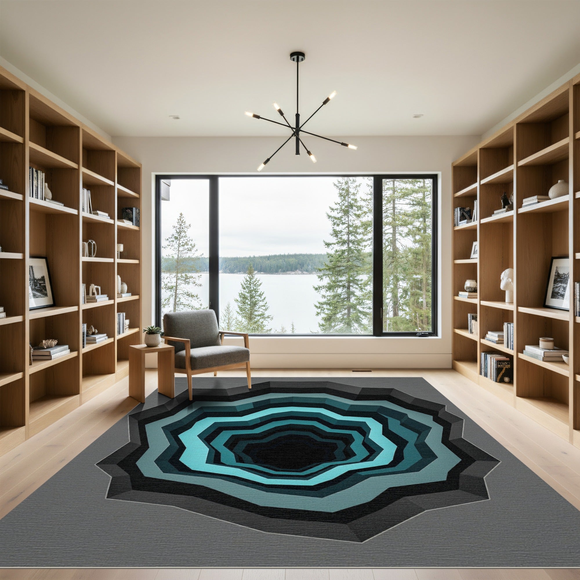 Abstract Azure Concentric Geometric Tunnel Rug