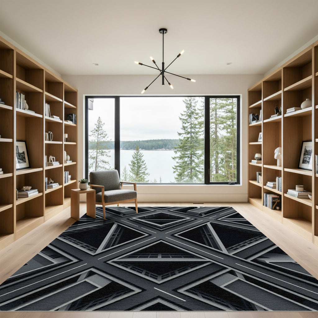 Monochrome Geometric Architectural Diamond Grid Rug