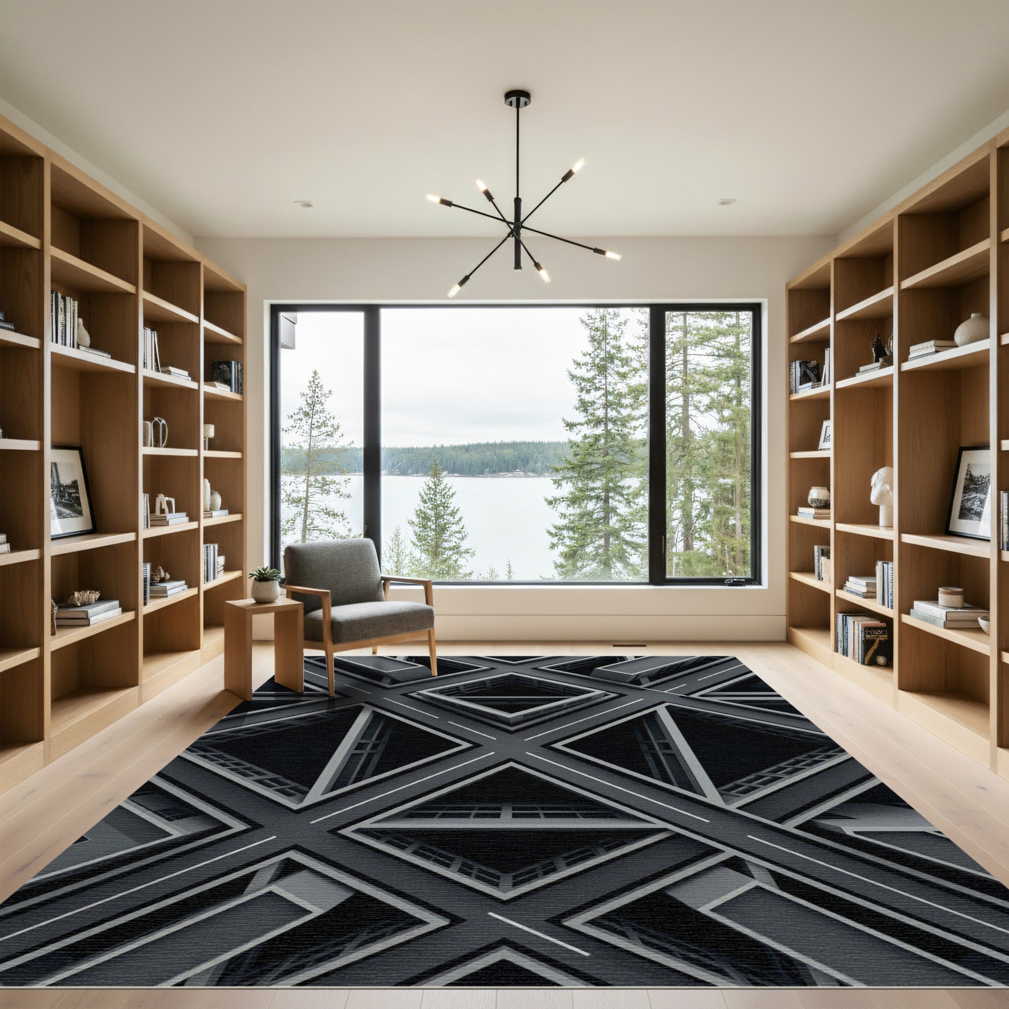 Monochrome Geometric Architectural Diamond Grid Rug