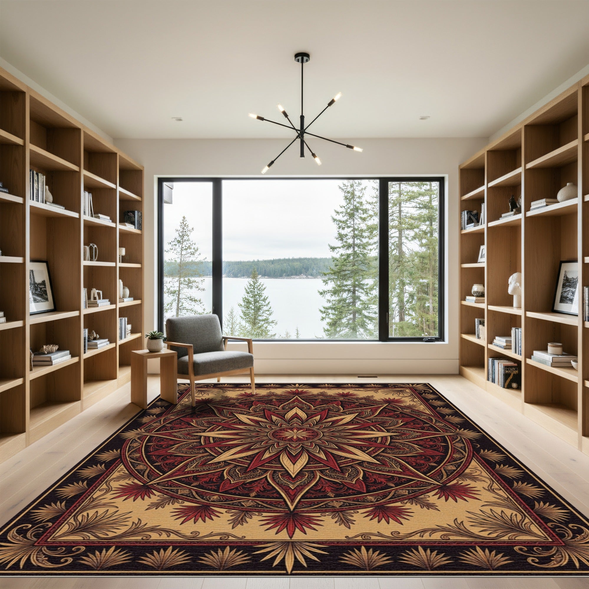 Crimson Gold Starburst Mandala Rug