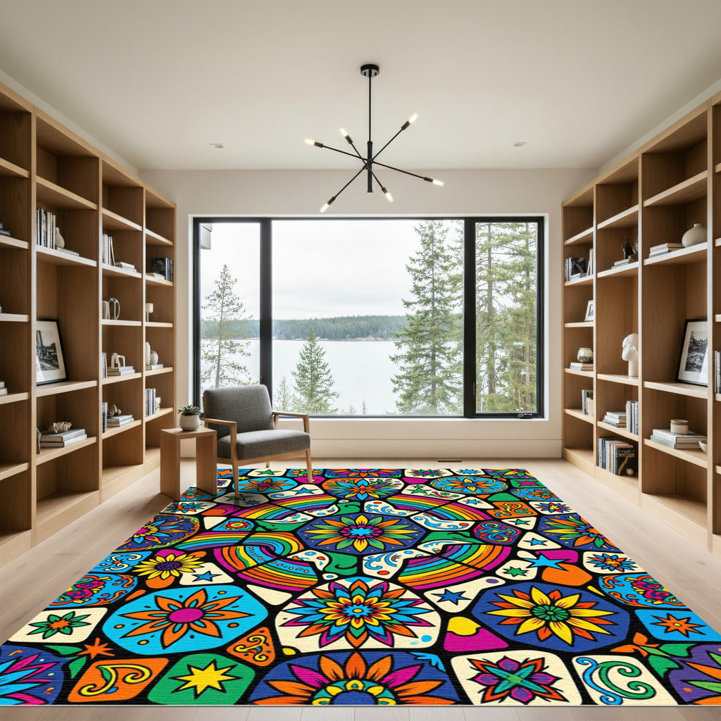 Vibrant Rainbow Star Flower Mosaic Rug