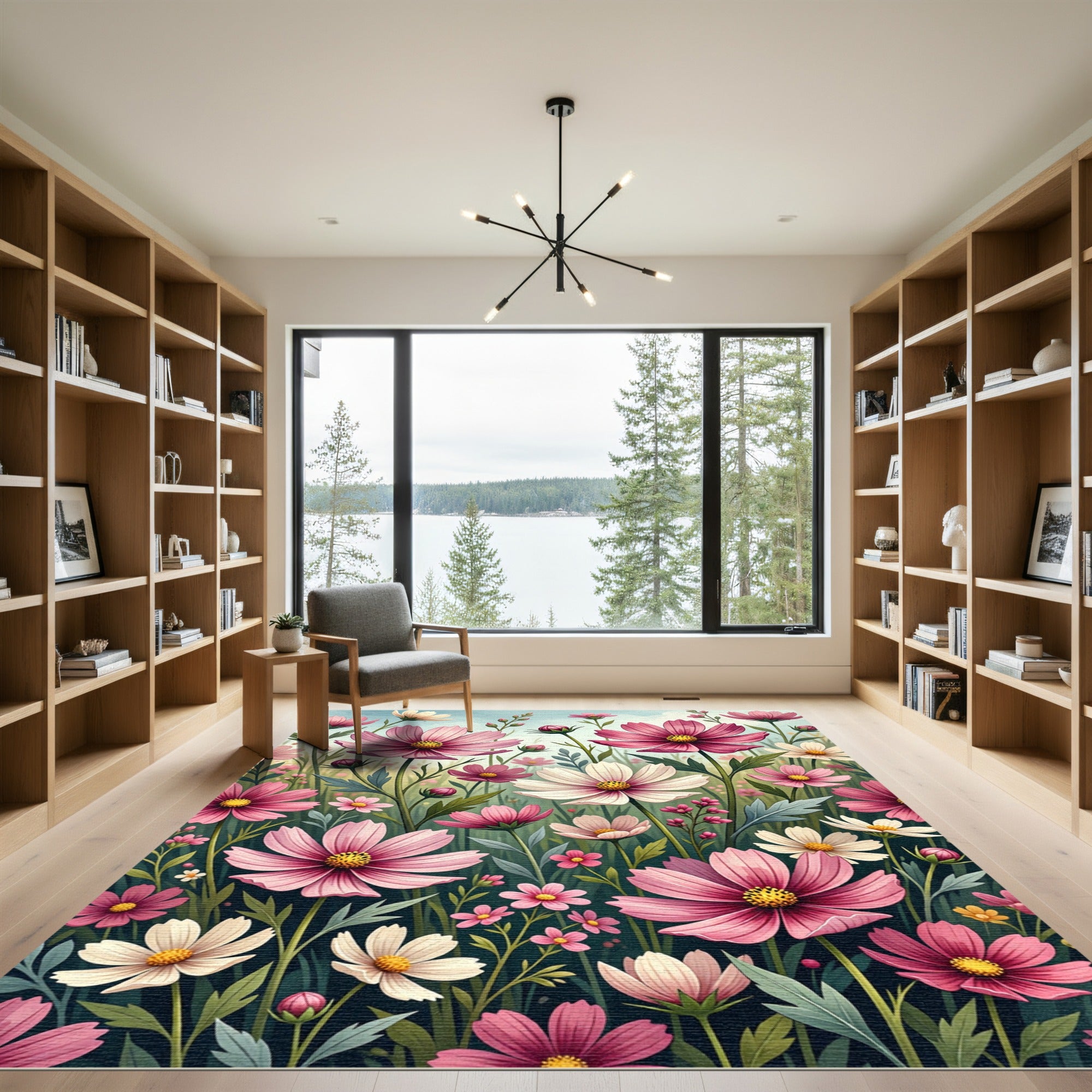 Whimsical Pink Cosmos Flower Field Rug