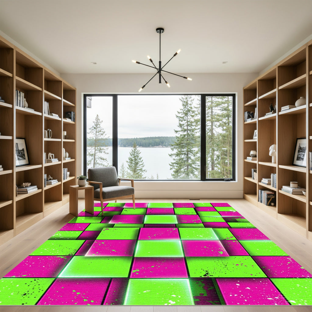 Neon Lime and Fuchsia Geometric Block Rug
