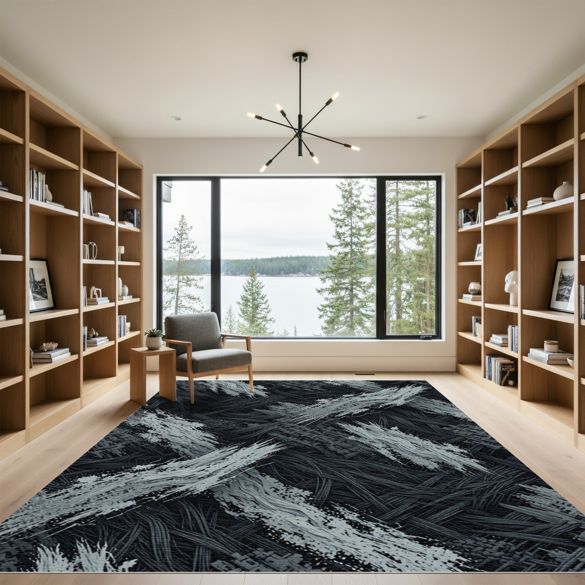 Monochrome Abstract Brushstroke Charcoal Woven Texture Rug