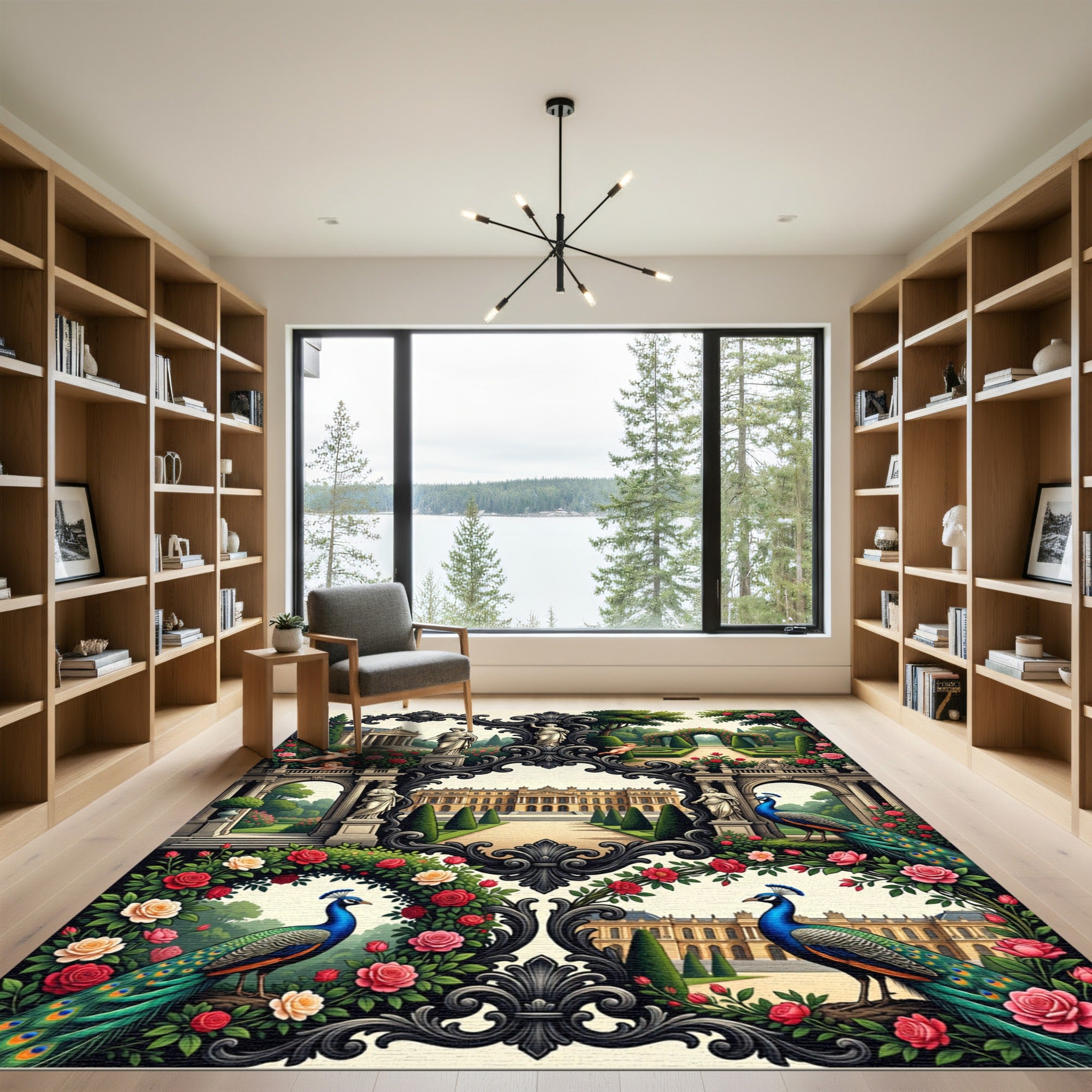 Ornate Peacock Rose Garden Scene Rug