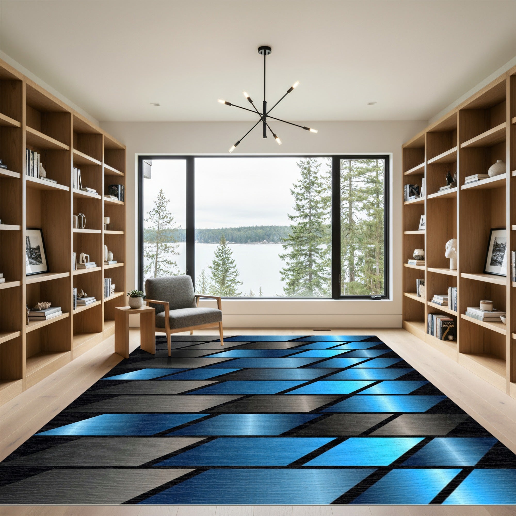 Deep Blue Silver Metallic Stripe Rug