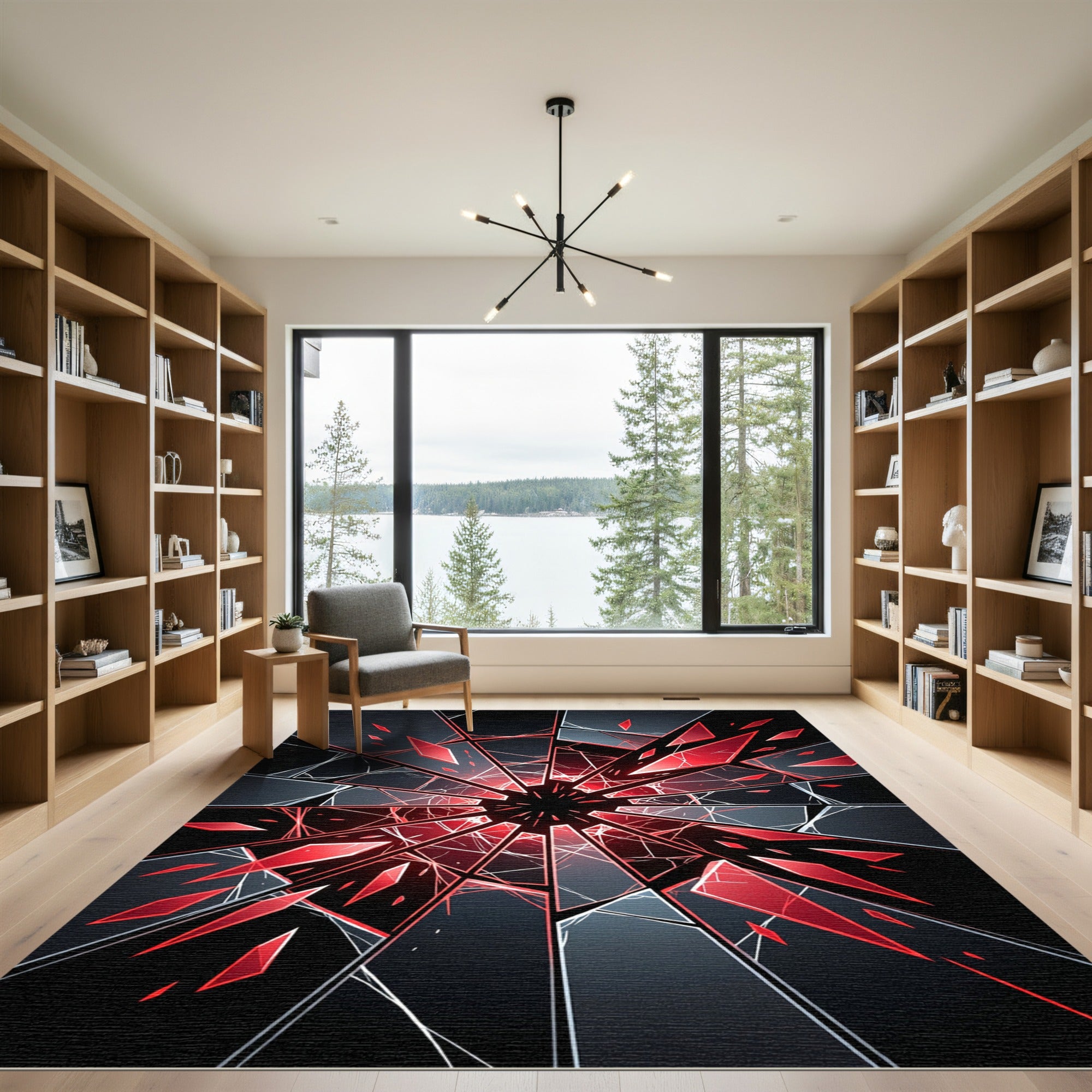 Shattered Crimson Glass Abstract Geometric Rug