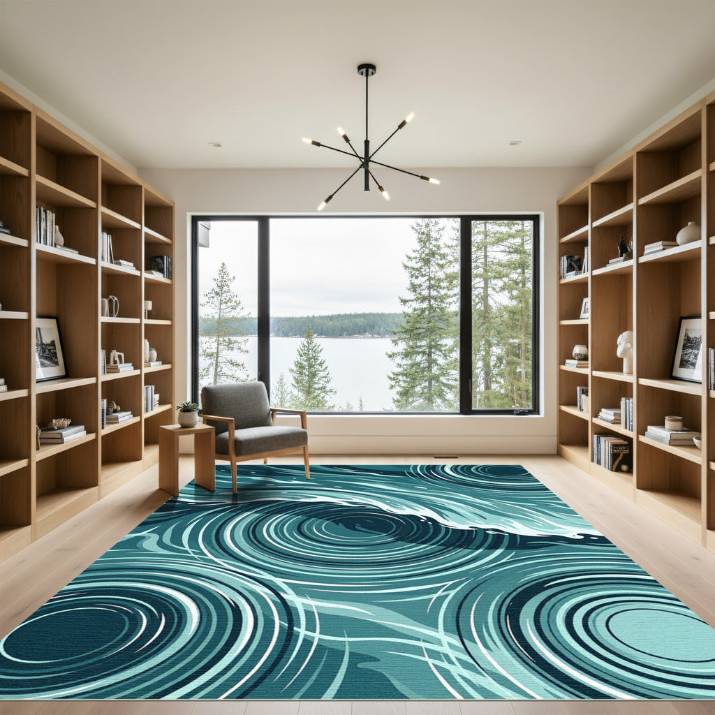 Modern Teal Rippled Water Wave Rug