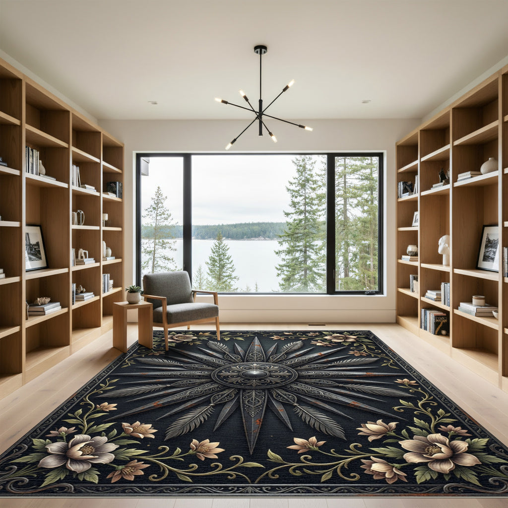 Ornate Charcoal Flower Feather Emblem Rug