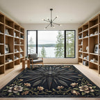 Ornate Charcoal Flower Feather Emblem Rug